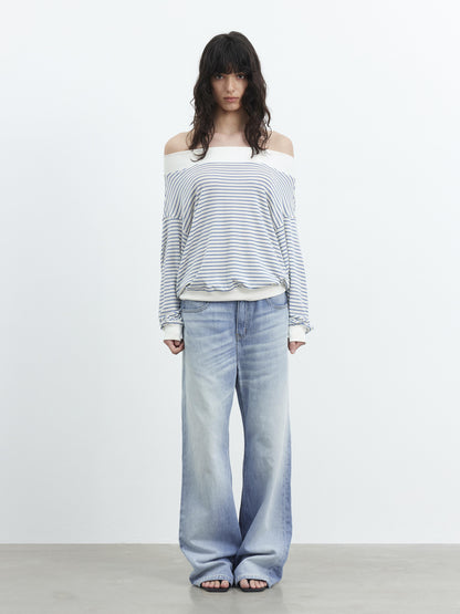 AFTADAWN Lyocell Wool Blend Striped Off Shoulder Long Sleeve Top