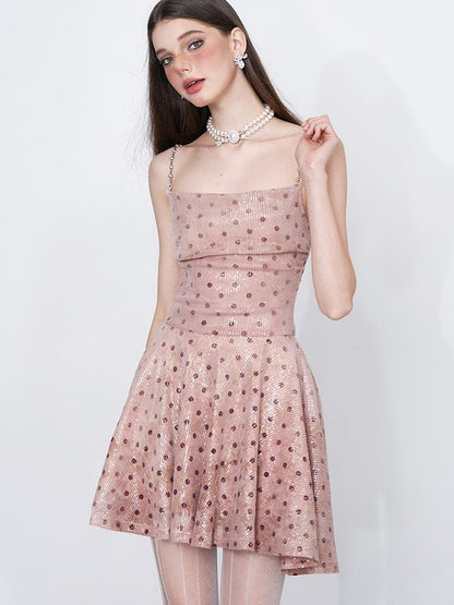 AFTADAWN Magellanic Cloud Pink Sequin Dot Draped Neckline Chain Strap Dress