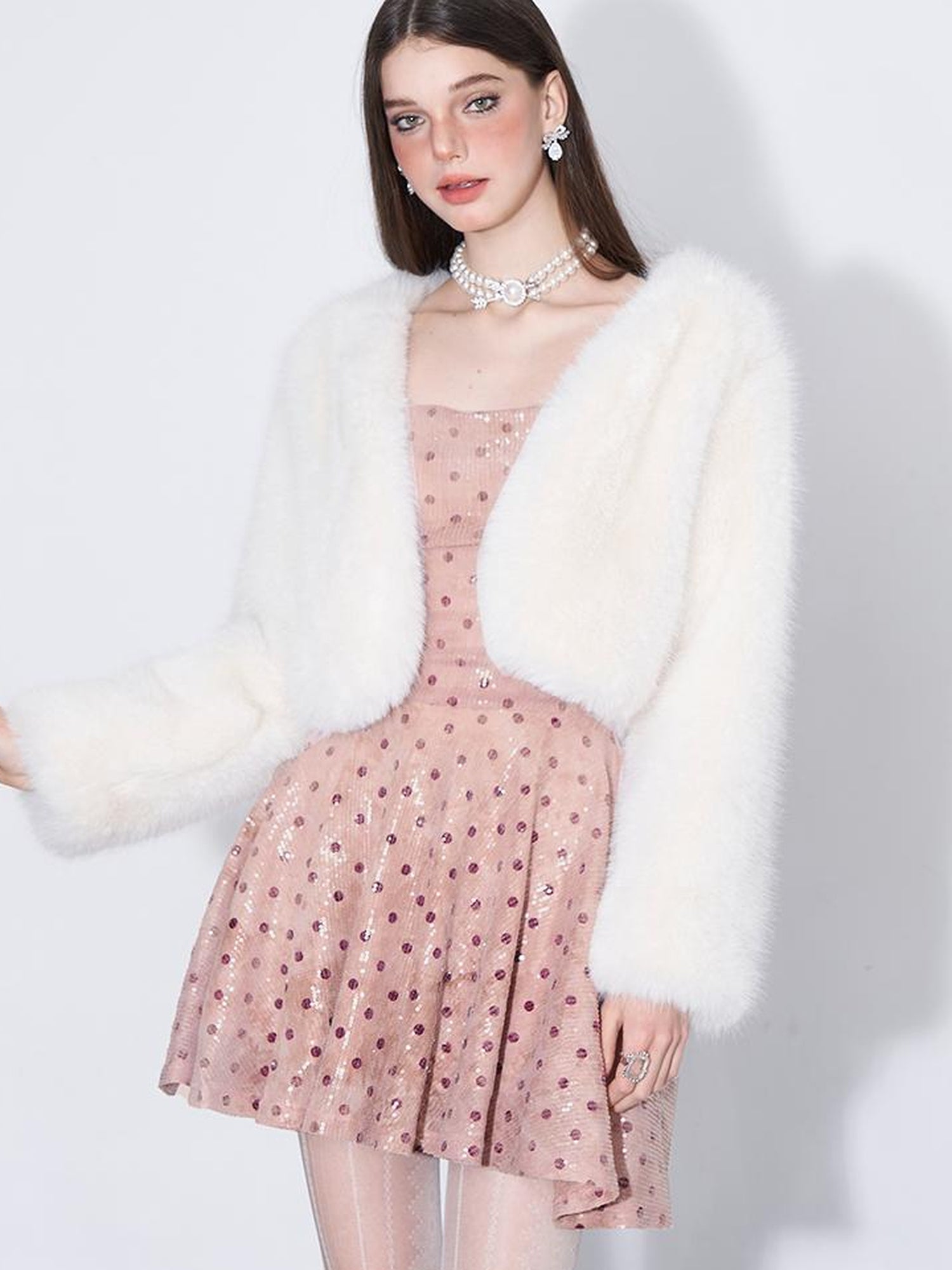 AFTADAWN Magellanic Cloud Pink Sequin Dot Draped Neckline Chain Strap Dress