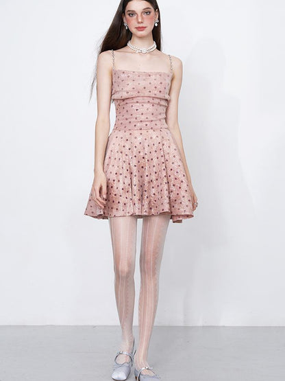 AFTADAWN Magellanic Cloud Pink Sequin Dot Draped Neckline Chain Strap Dress
