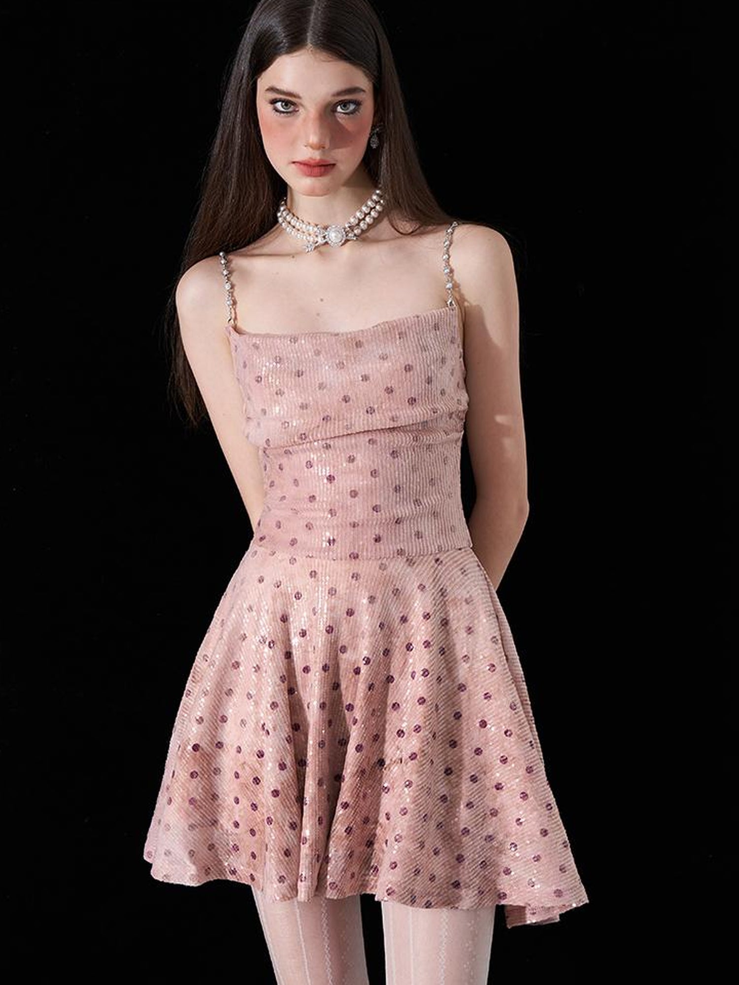 AFTADAWN Magellanic Cloud Pink Sequin Dot Draped Neckline Chain Strap Dress
