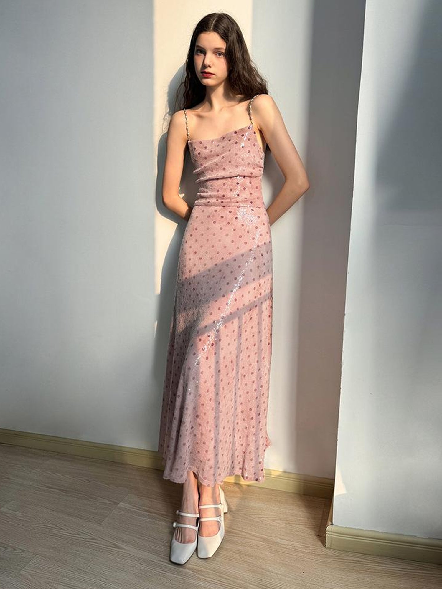 AFTADAWN Magellanic Cloud Pink Sequin Dot Draped Neckline Chain Strap Dress