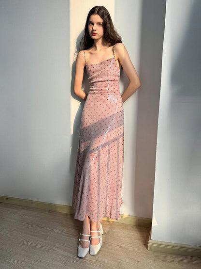 AFTADAWN Magellanic Cloud Pink Sequin Dot Draped Neckline Chain Strap Dress