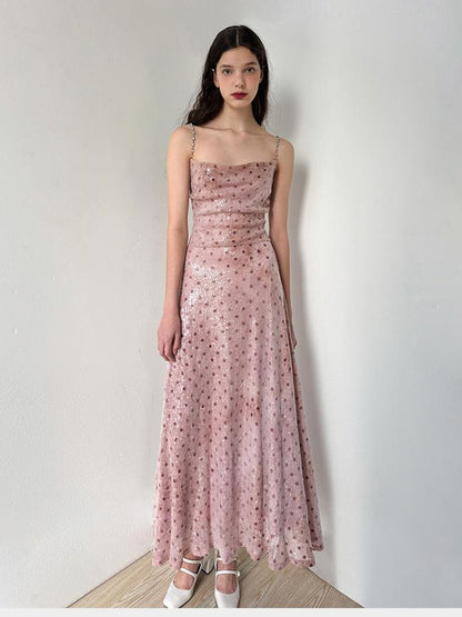 AFTADAWN Magellanic Cloud Pink Sequin Dot Draped Neckline Chain Strap Dress