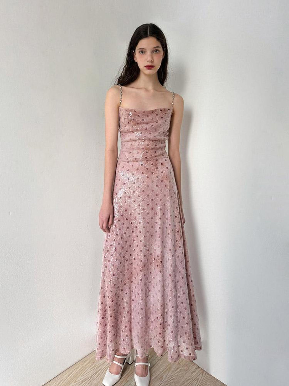AFTADAWN Magellanic Cloud Pink Sequin Dot Draped Neckline Chain Strap Dress