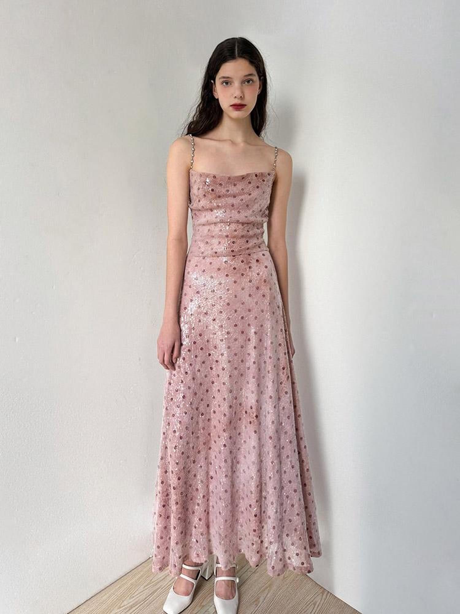 AFTADAWN Magellanic Cloud Pink Sequin Dot Draped Neckline Chain Strap Dress