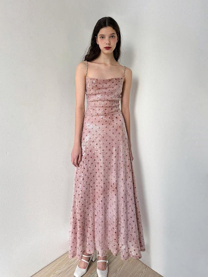 AFTADAWN Magellanic Cloud Pink Sequin Dot Draped Neckline Chain Strap Dress