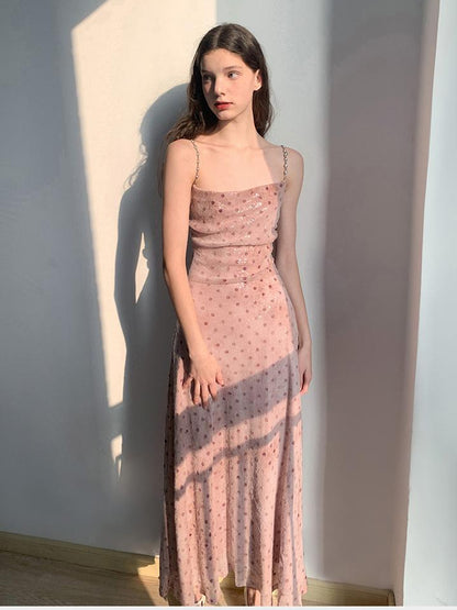 AFTADAWN Magellanic Cloud Pink Sequin Dot Draped Neckline Chain Strap Dress