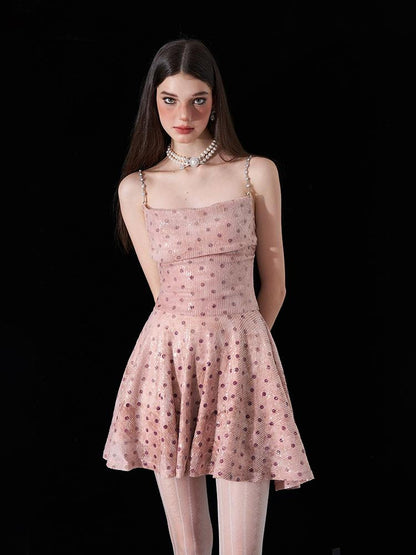 AFTADAWN Magellanic Cloud Pink Sequin Dot Draped Neckline Chain Strap Dress