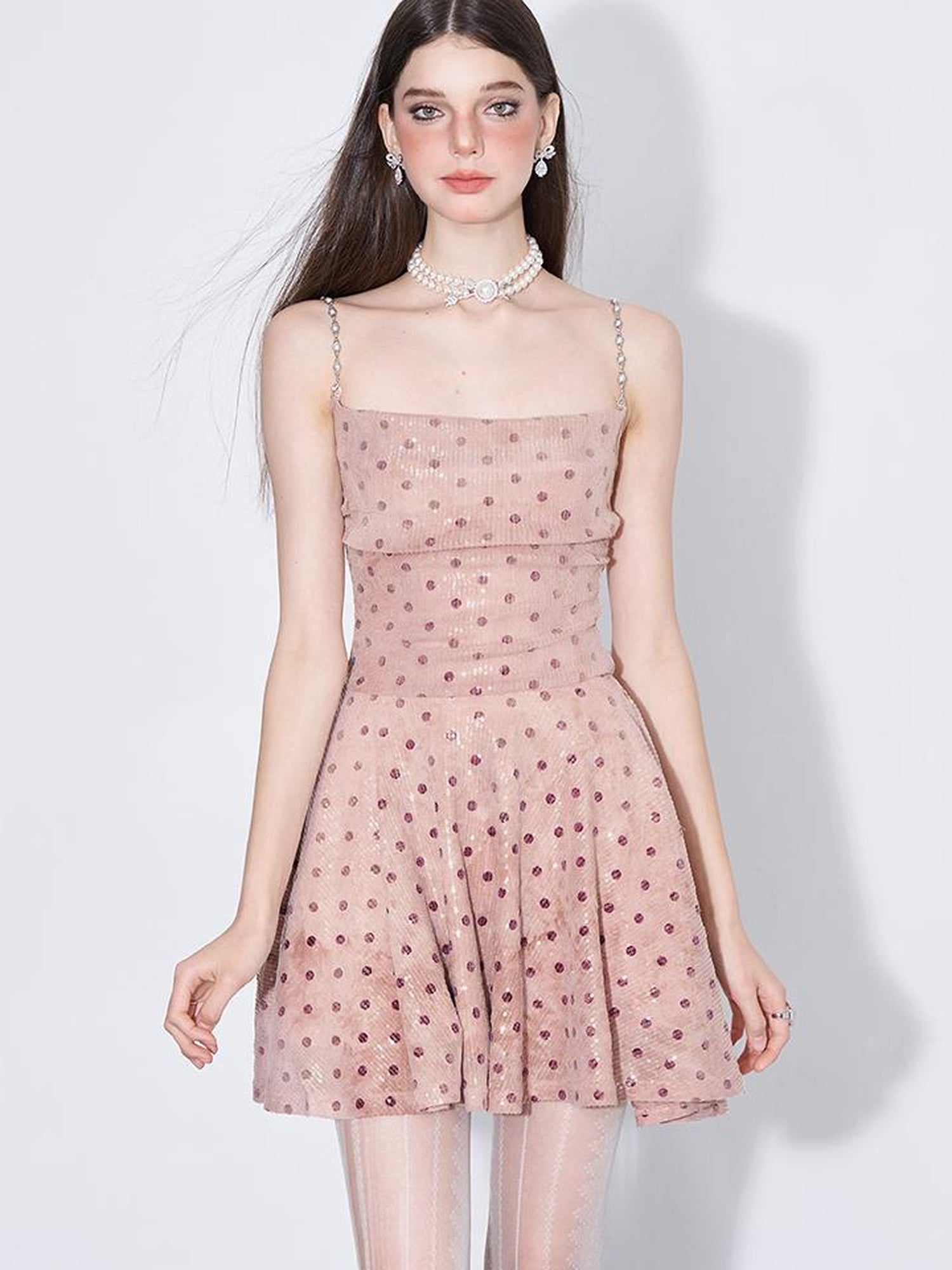 AFTADAWN Magellanic Cloud Pink Sequin Dot Draped Neckline Chain Strap Dress