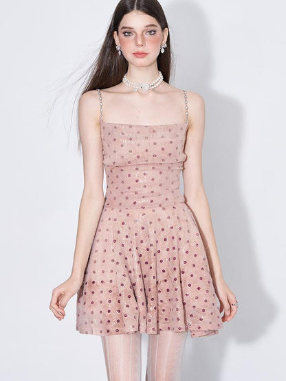 AFTADAWN Magellanic Cloud Pink Sequin Dot Draped Neckline Chain Strap Dress
