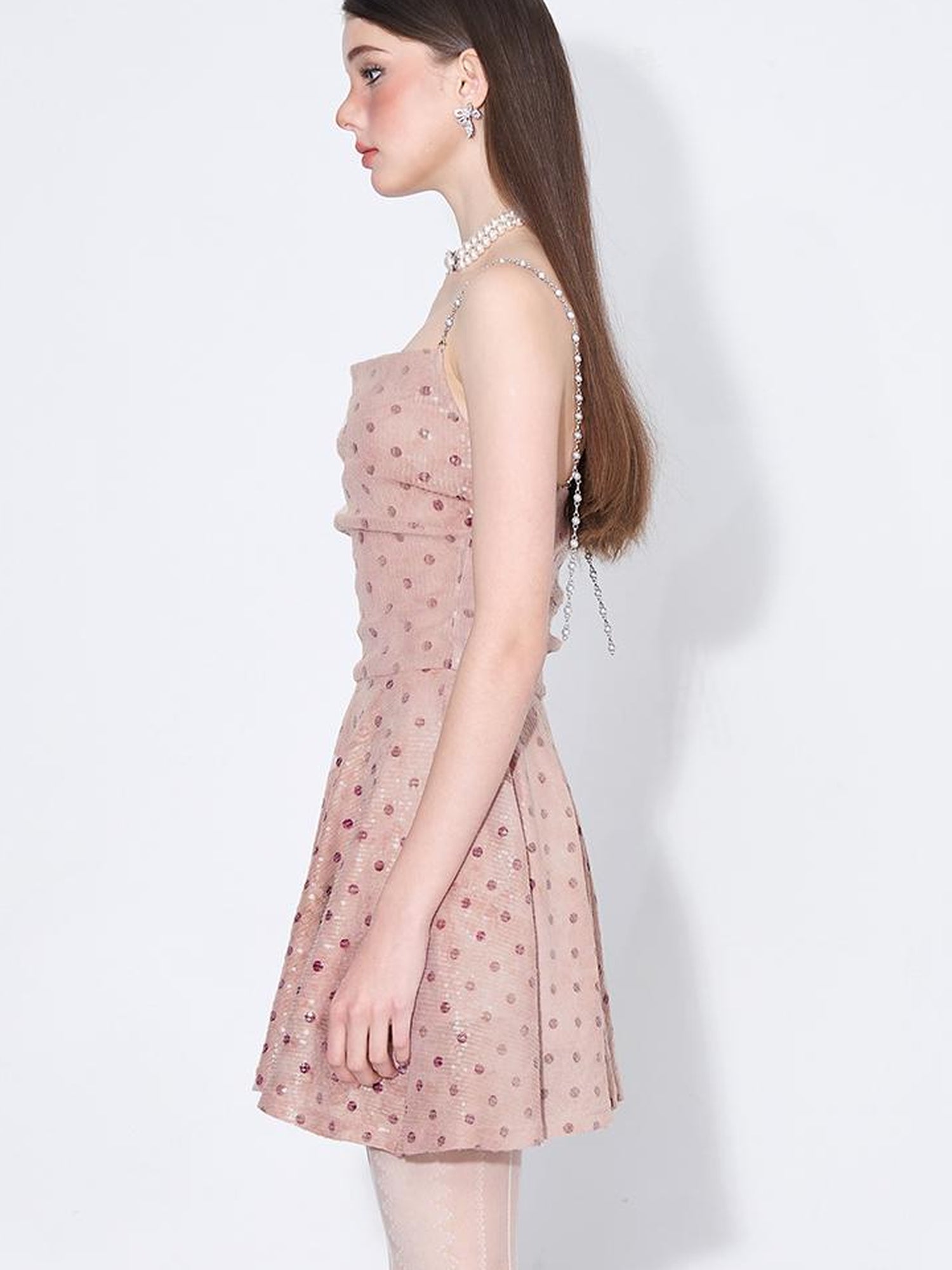 AFTADAWN Magellanic Cloud Pink Sequin Dot Draped Neckline Chain Strap Dress