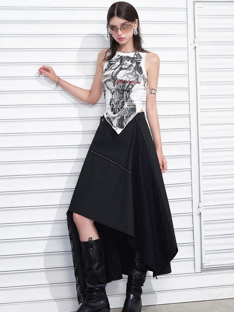 AFTADAWN Mechanical Print Asymmetrical Lace Women&