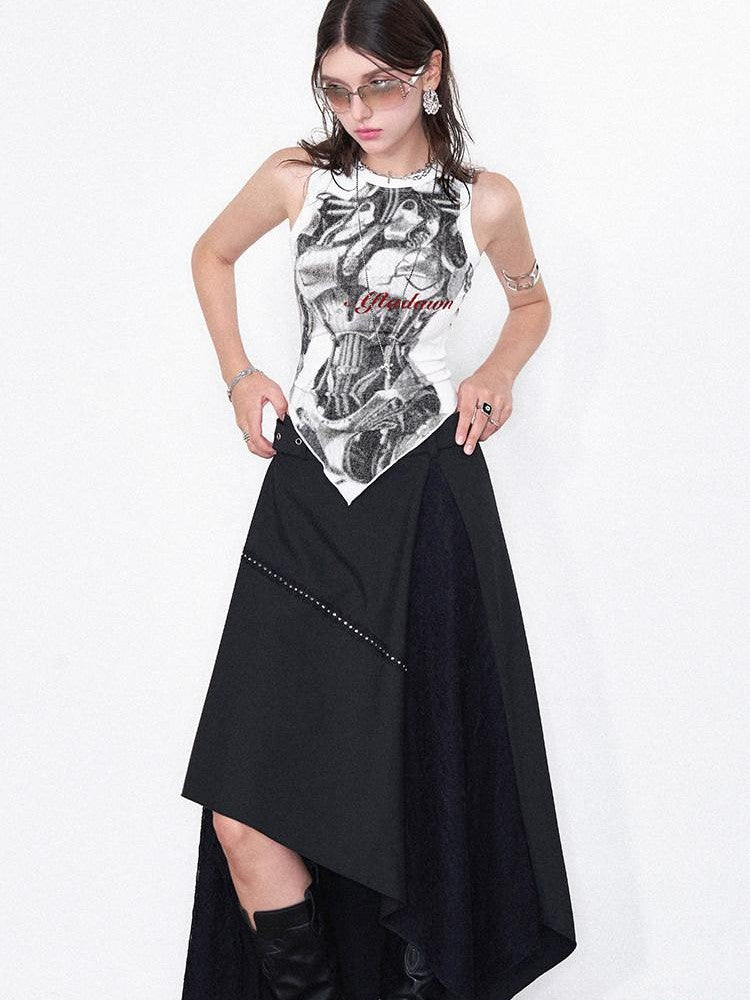 AFTADAWN Mechanical Print Asymmetrical Lace Women&