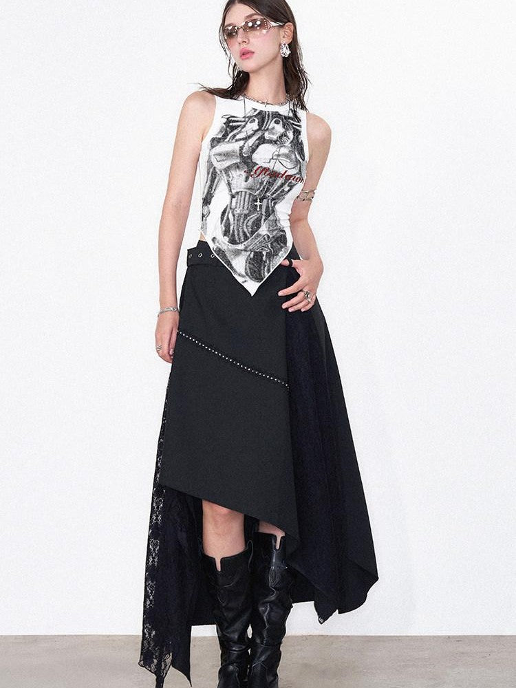 AFTADAWN Mechanical Print Asymmetrical Lace Women&