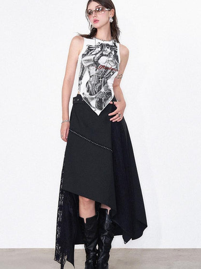 AFTADAWN Mechanical Print Asymmetrical Lace Women&
