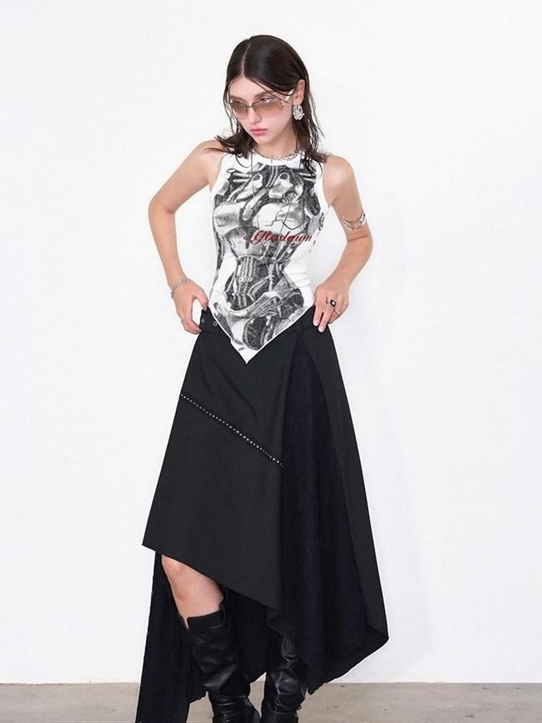 AFTADAWN Mechanical Print Asymmetrical Lace Women&