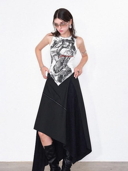 AFTADAWN Mechanical Print Asymmetrical Lace Women&