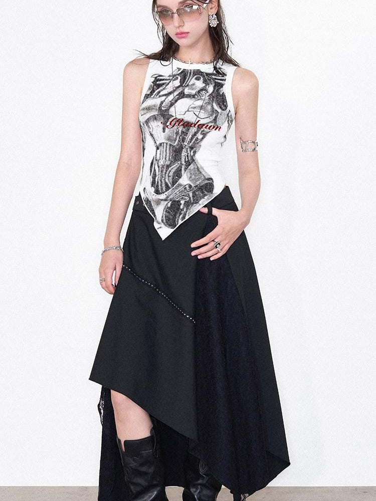 AFTADAWN Mechanical Print Asymmetrical Lace Women&