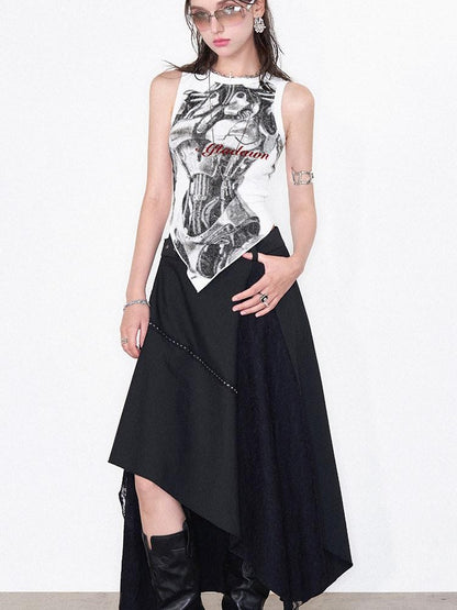 AFTADAWN Mechanical Print Asymmetrical Lace Women&