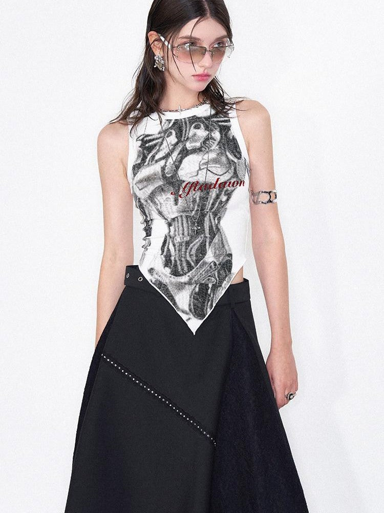 AFTADAWN Mechanical Print Asymmetrical Lace Women&