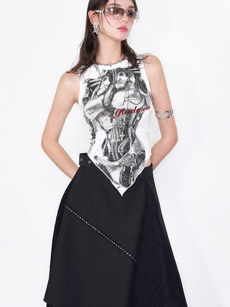 AFTADAWN Mechanical Print Asymmetrical Lace Women&