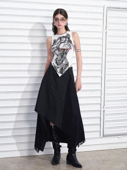 AFTADAWN Mechanical Print Asymmetrical Lace Women&