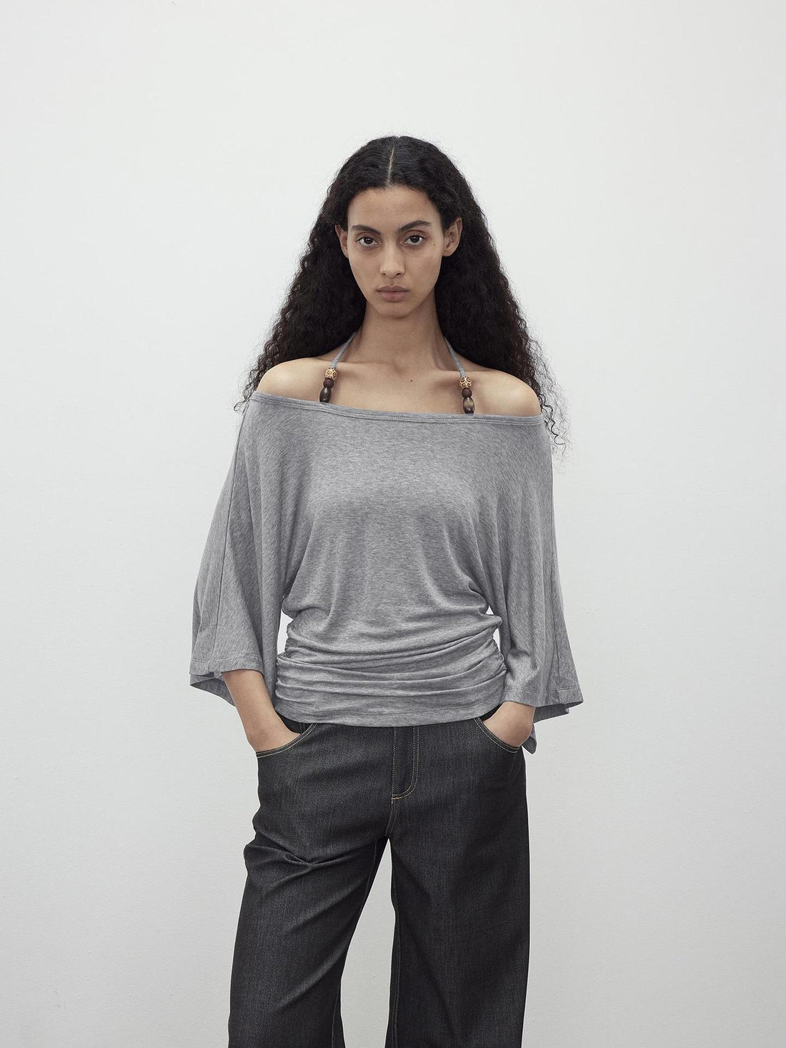 AFTADAWN Merino Wool Beaded Off Shoulder Layered Top