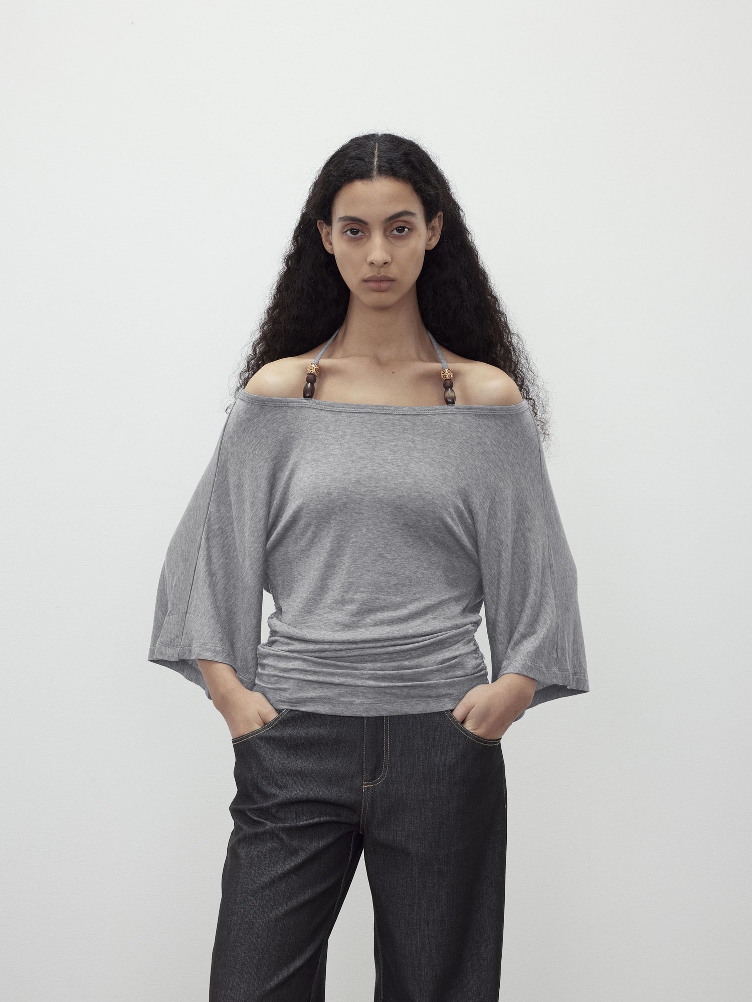 AFTADAWN Merino Wool Beaded Off Shoulder Layered Top
