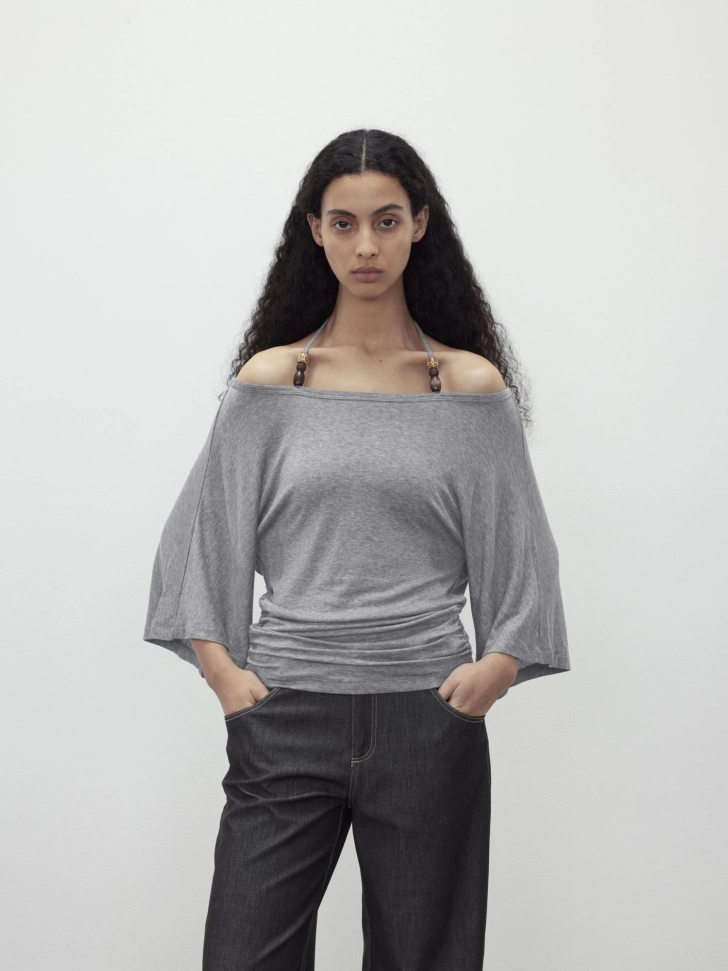 Merino Wool Beaded Off Shoulder Layered Top