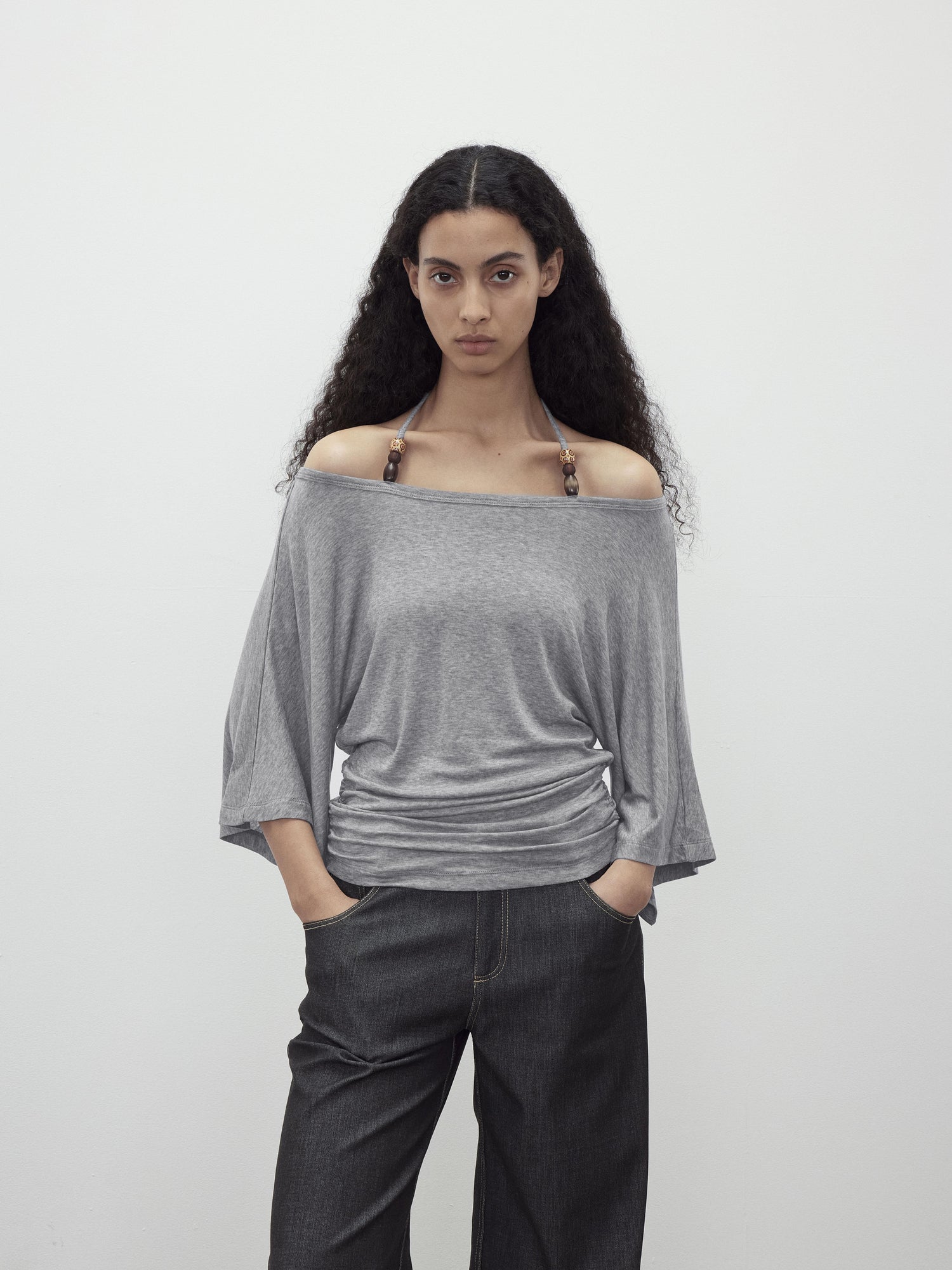 AFTADAWN Merino Wool Beaded Off Shoulder Layered Top