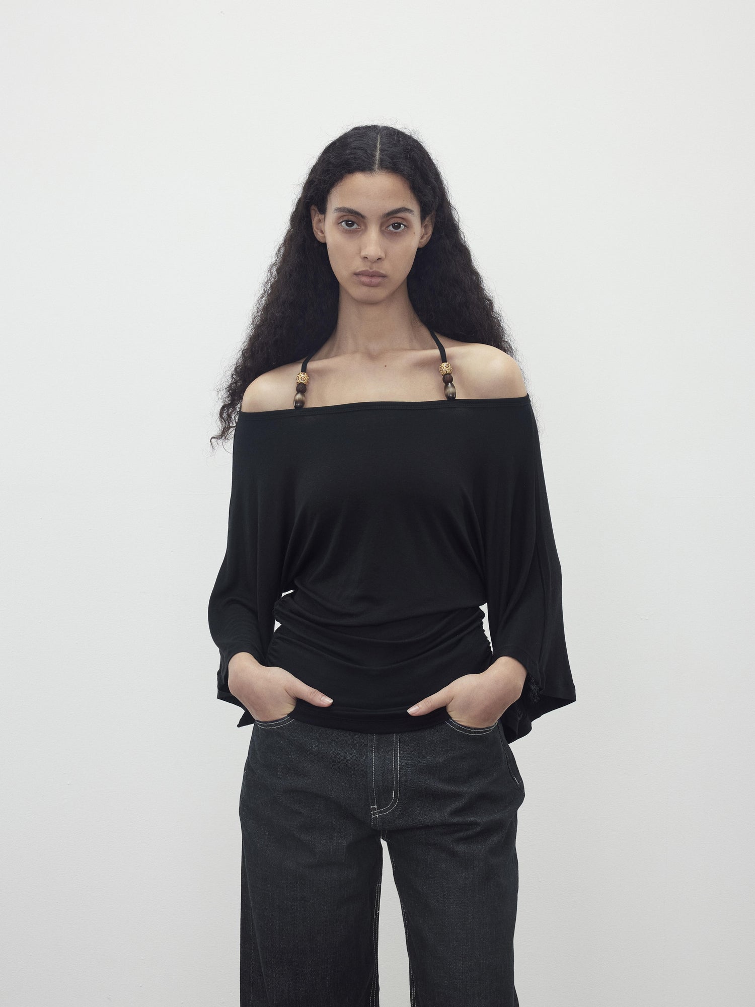 AFTADAWN Merino Wool Beaded Off Shoulder Layered Top