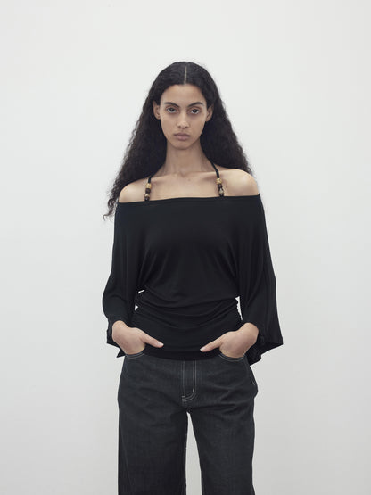 AFTADAWN Merino Wool Beaded Off Shoulder Layered Top