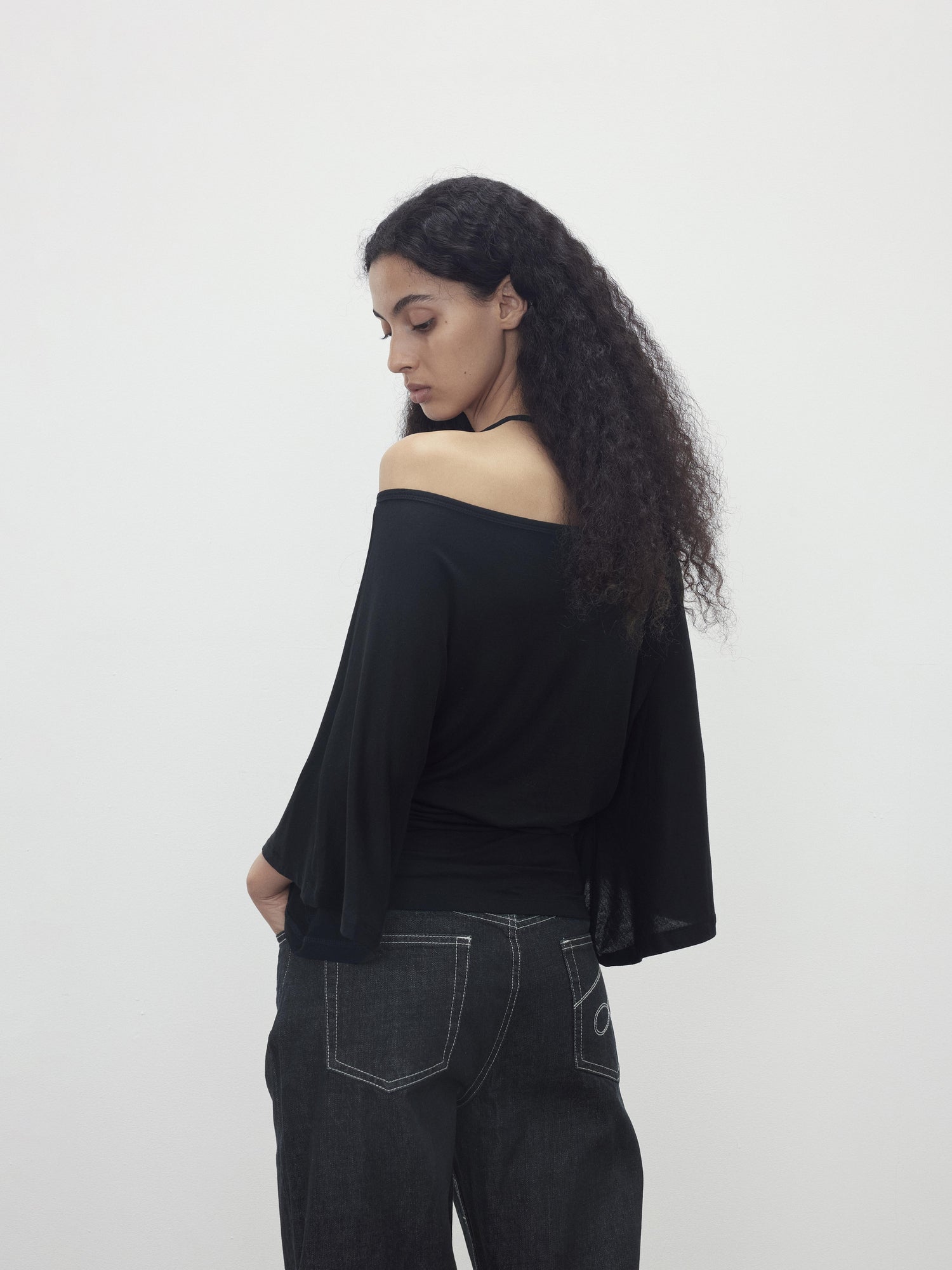 AFTADAWN Merino Wool Beaded Off Shoulder Layered Top