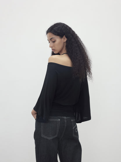 AFTADAWN Merino Wool Beaded Off Shoulder Layered Top