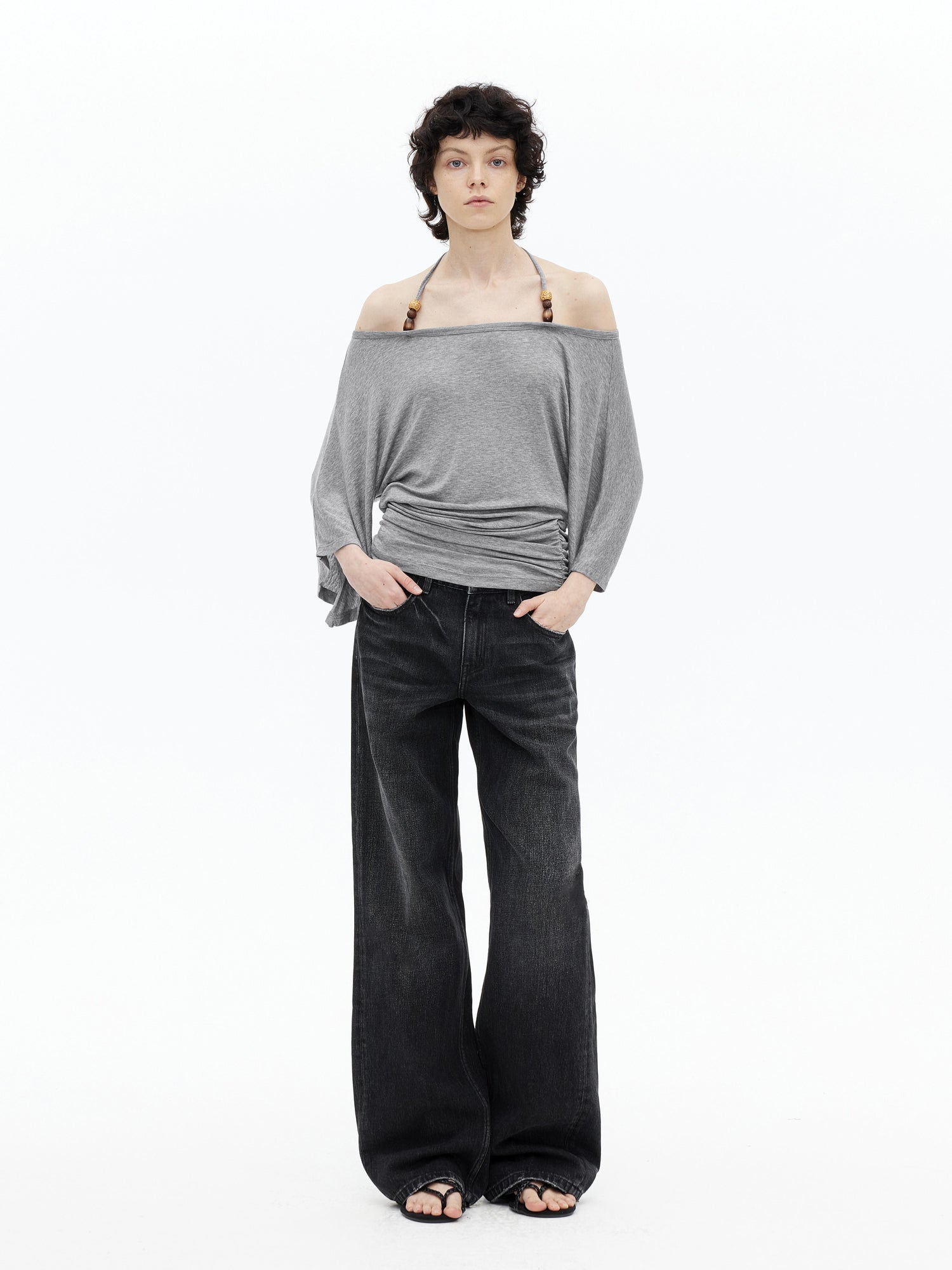 AFTADAWN Merino Wool Beaded Off Shoulder Layered Top