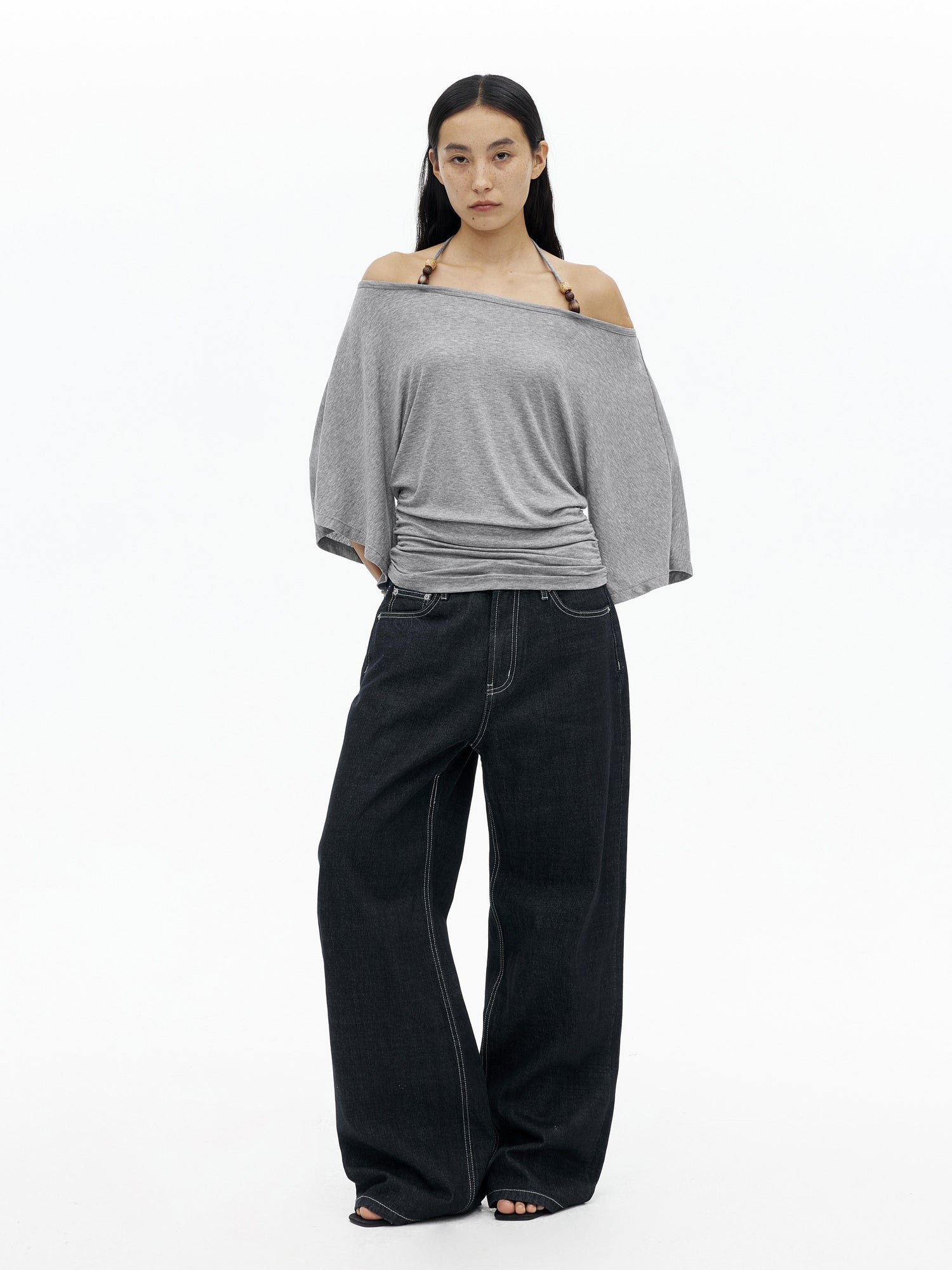 AFTADAWN Merino Wool Beaded Off Shoulder Layered Top