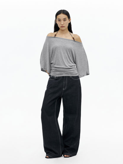 AFTADAWN Merino Wool Beaded Off Shoulder Layered Top