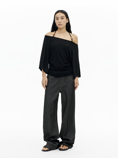 AFTADAWN Merino Wool Beaded Off Shoulder Layered Top