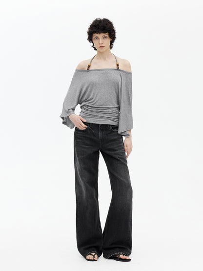 AFTADAWN Merino Wool Beaded Off Shoulder Layered Top
