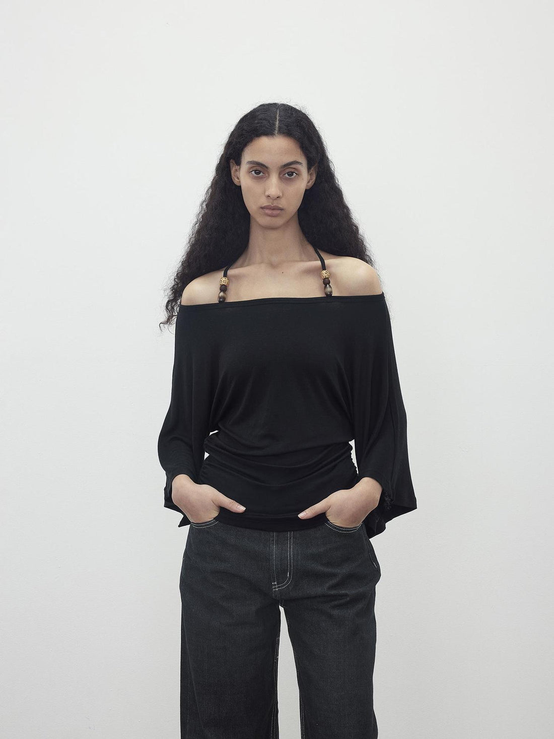 AFTADAWN Merino Wool Beaded Off Shoulder Layered Top
