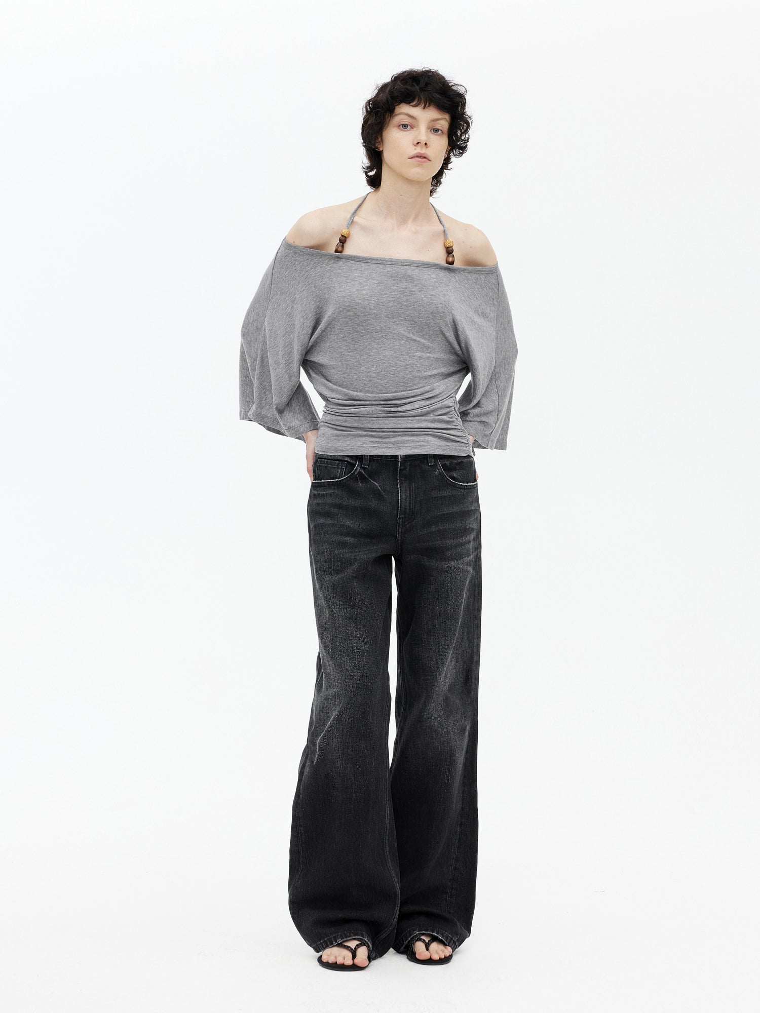AFTADAWN Merino Wool Beaded Off Shoulder Layered Top