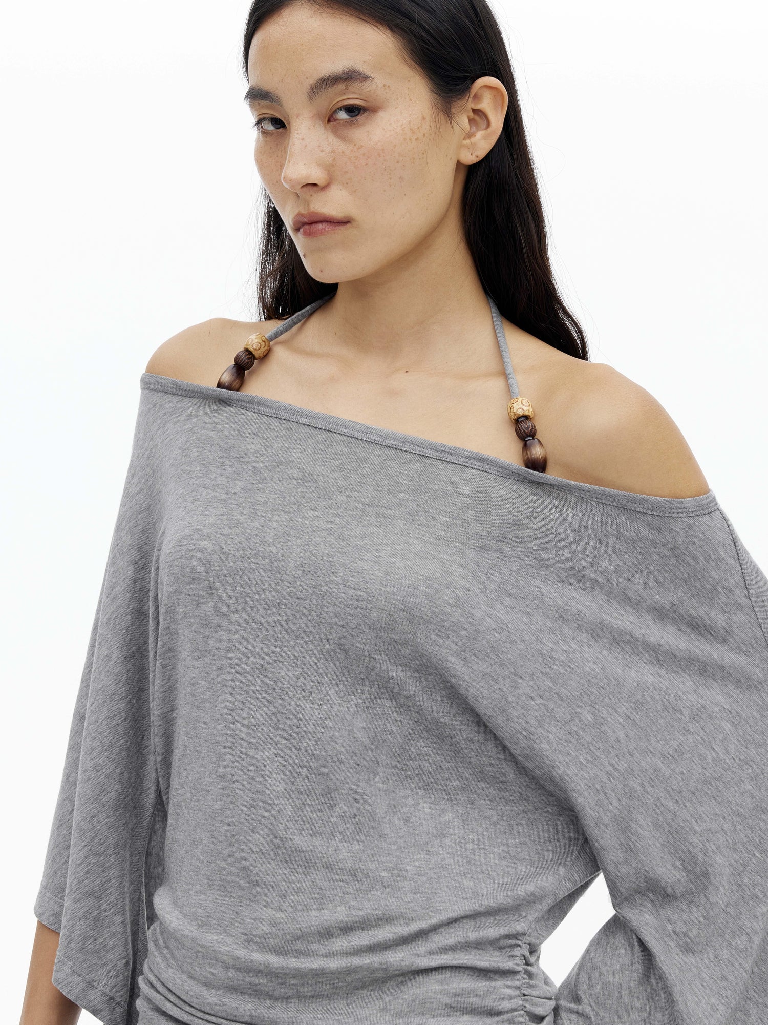 AFTADAWN Merino Wool Beaded Off Shoulder Layered Top
