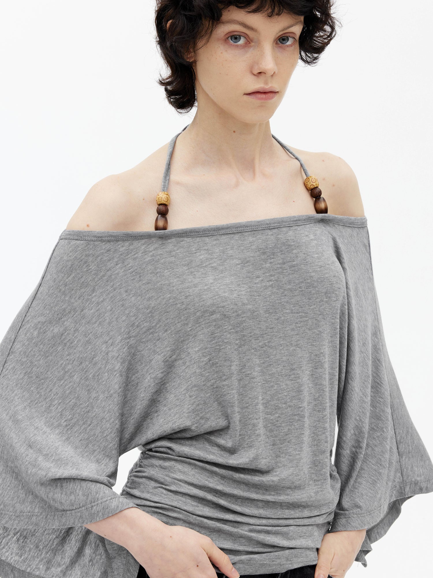 AFTADAWN Merino Wool Beaded Off Shoulder Layered Top