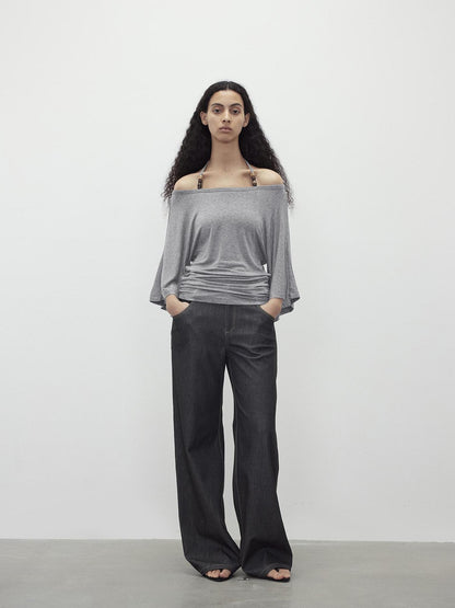 AFTADAWN Merino Wool Beaded Off Shoulder Layered Top