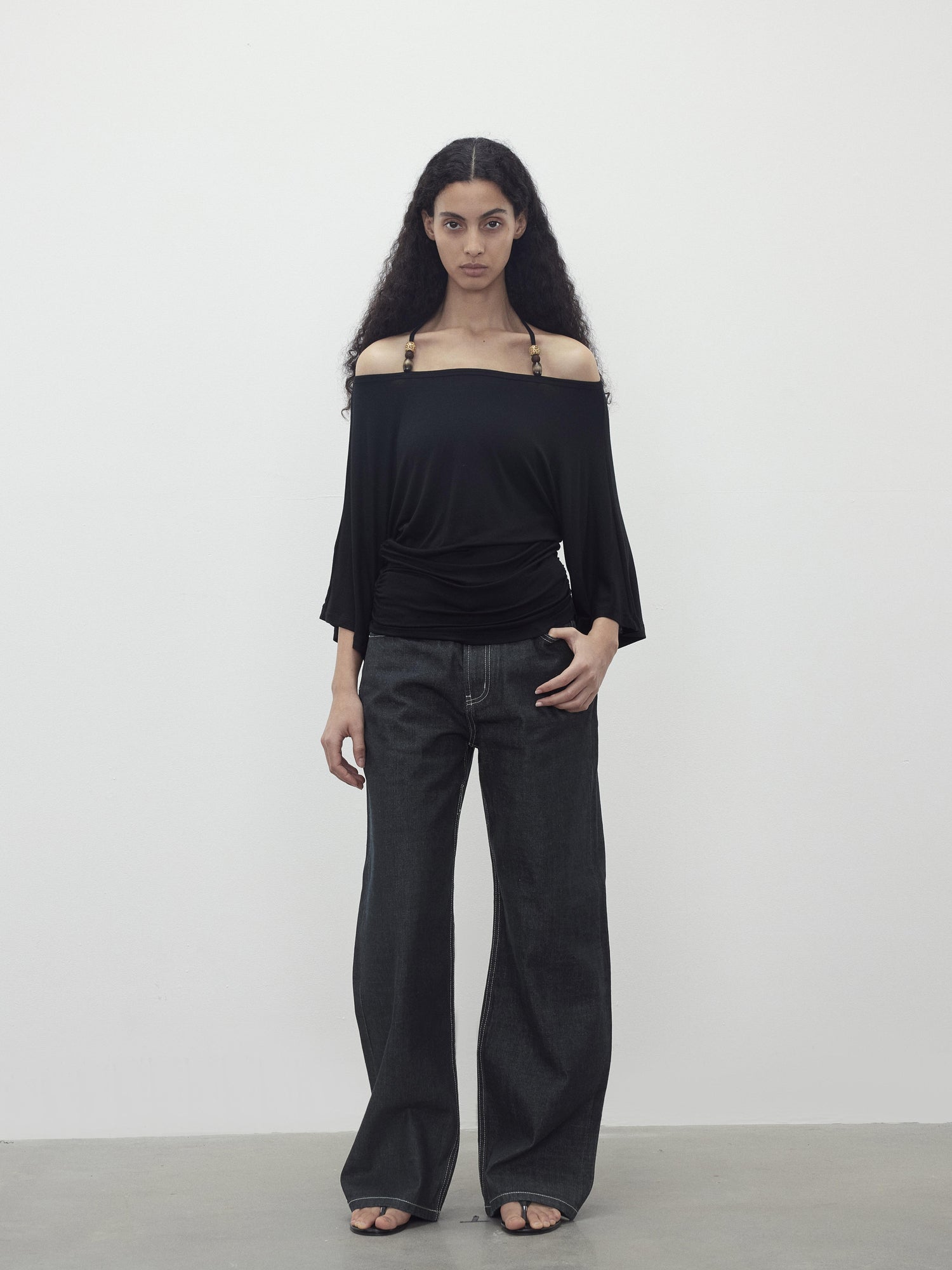 AFTADAWN Merino Wool Beaded Off Shoulder Layered Top