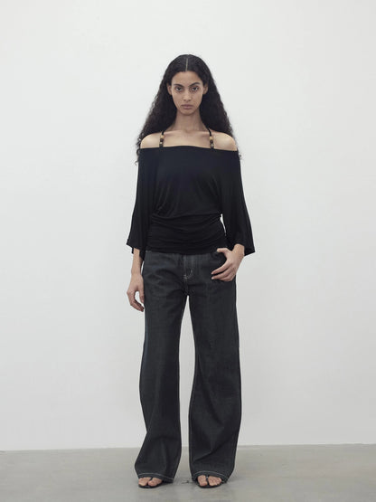 Merino Wool Beaded Off Shoulder Layered Top