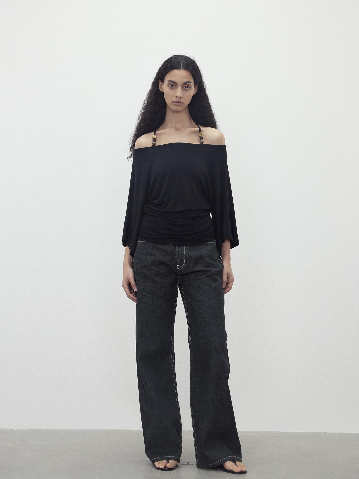 AFTADAWN Merino Wool Beaded Off Shoulder Layered Top