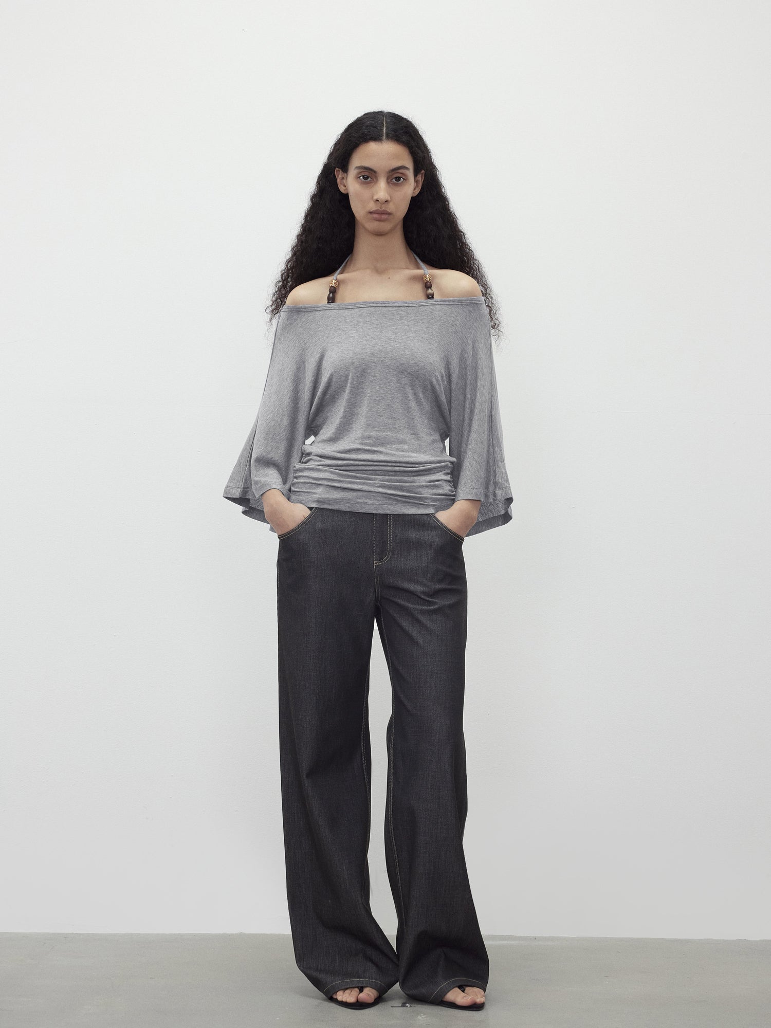 AFTADAWN Merino Wool Beaded Off Shoulder Layered Top