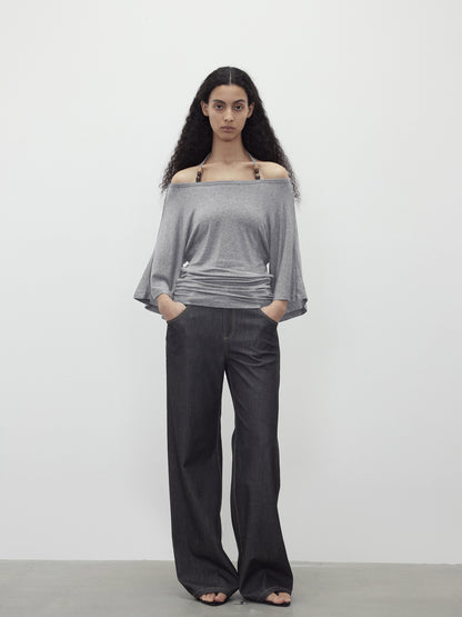 AFTADAWN Merino Wool Beaded Off Shoulder Layered Top